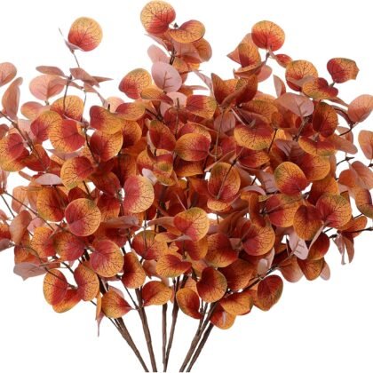 J’FLORU 6 Pack Artificial Eucalyptus Stems,17” Tall Fall Picks with Eucalyptus Leaves Autumn Leaf Spray Fall Decorations for Home and Office (Fall Orange Leaves)