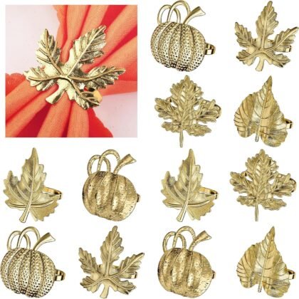 Thanksgiving Napkin Rings Set of 12 Maple Leaf Gold Fall Napkin Rings Holders Buckle Pumpkin Patterns for Thanksgiving Harvest Christmas Daily Home Party Table Decor Wedding Supplies