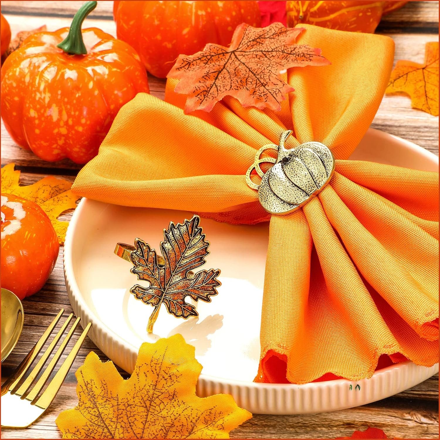 12 Pieces Thanksgiving Fall Napkin Rings Set, Include 6 Pieces Pumpkin Maple Leaf Napkin Rings with 6 Pieces Solid Color Dinner Napkins for Thanksgiving, Dinner Parties, Weddings (Retro) - Image 2