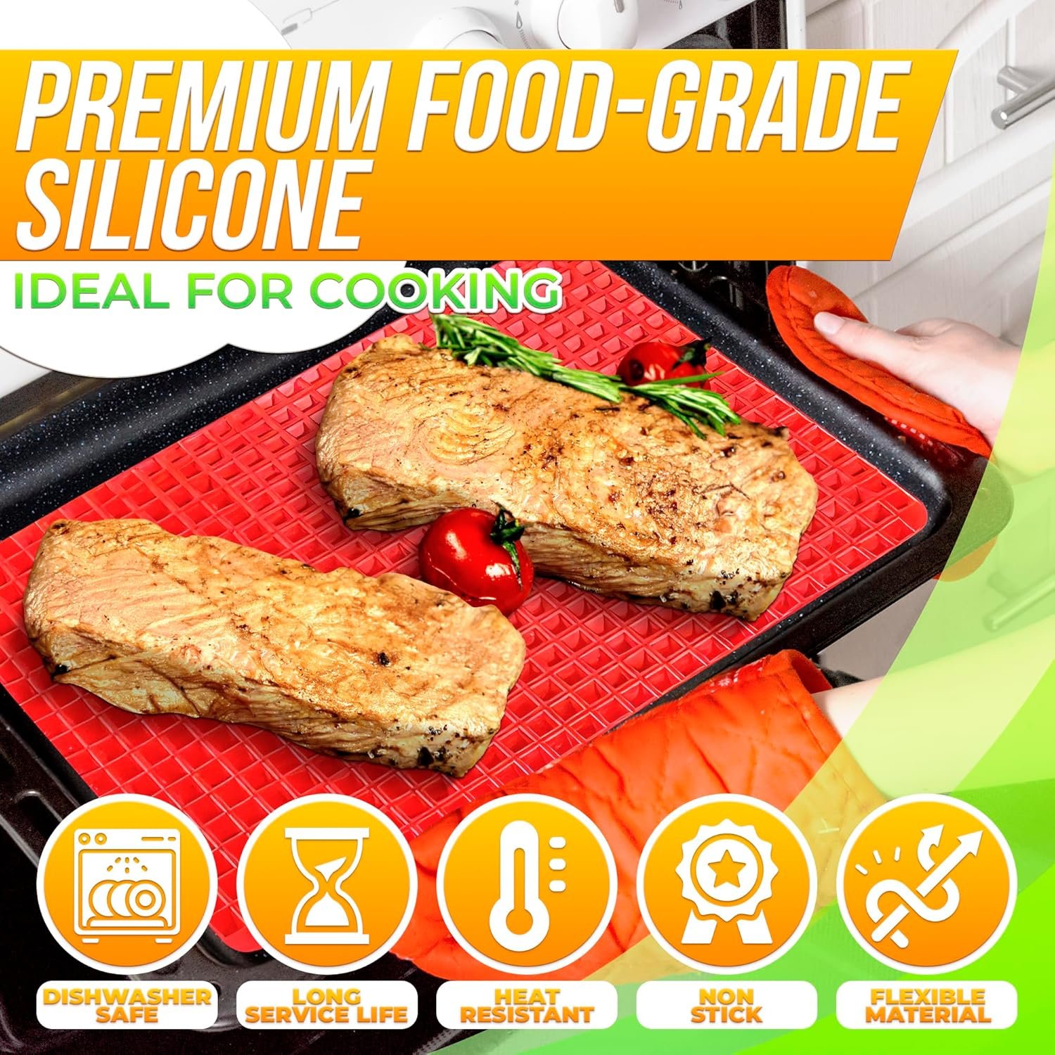 Non Stick Baking Cooking Mat - 16x11.5" Silicone Baking Mat, Fat Filtering Red Pyramid Design, for Roasting, BBQ & Pastry Making - Oven and Microwave Bacon Cooker Food Grade, Flexible & Easy-to-Clean - Image 4