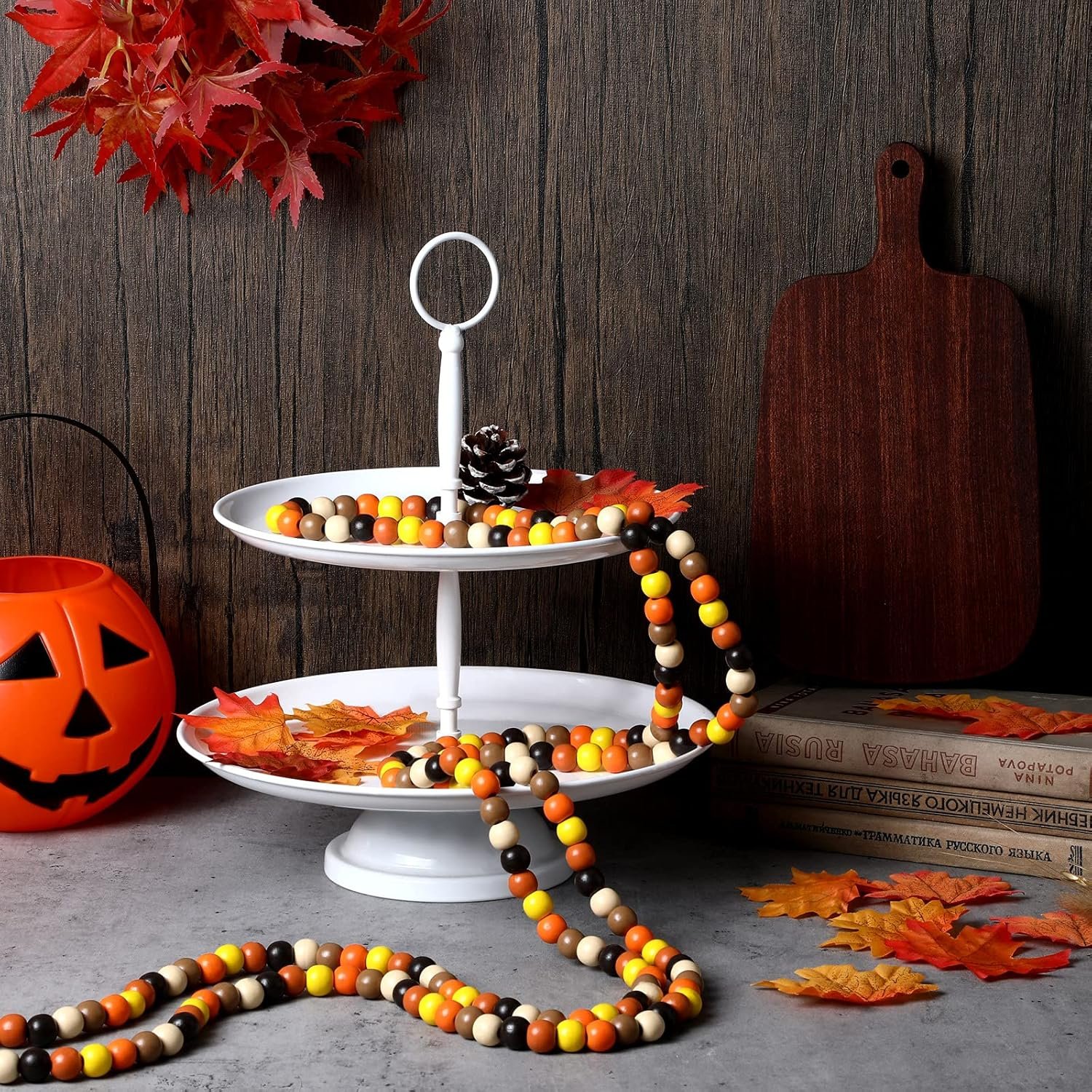 Hicarer 16 ft Thanksgiving Wooden Bead Garland 350 Pcs Black Orange White Wood Bead Thanksgiving Tiered Tray Decor Fall Boho Garland for Mantle Shelf Wall Hanging Rustic Farmhouse - Image 3