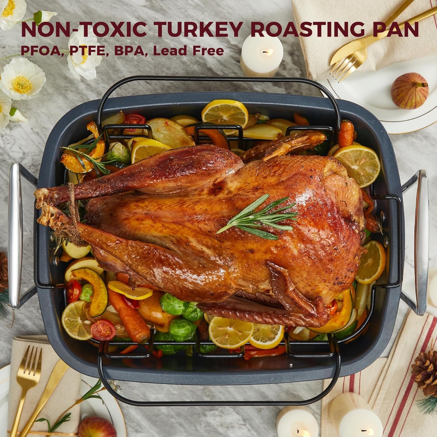 HONGBAKE Extra Large Turkey Roasting Pan with Rack (U-Shaped), 18.7×13.6 Inch Nonstick Roaster Pan for 25 lb Turkey & Chicken, Deep Turkey Tray for Oven, Wider Handles, 0.8 mm Heavy Duty Steel, Gray - Image 2