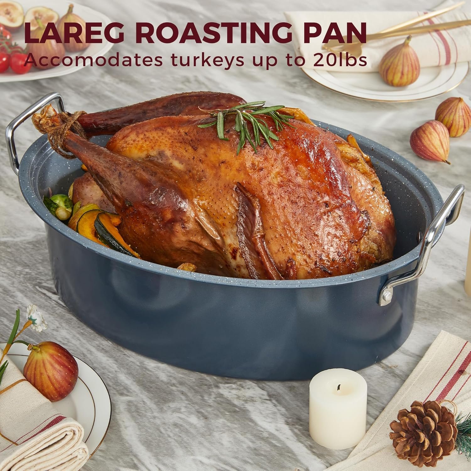 HONGBAKE 18 Inch Turkey Roasting Pan with Rack and Lid – Large Gray Carbon Steel Roaster Pan for 20 lb Turkey, Oven Safe Baking Pan for Holiday Meals & Thanksgiving - Image 2