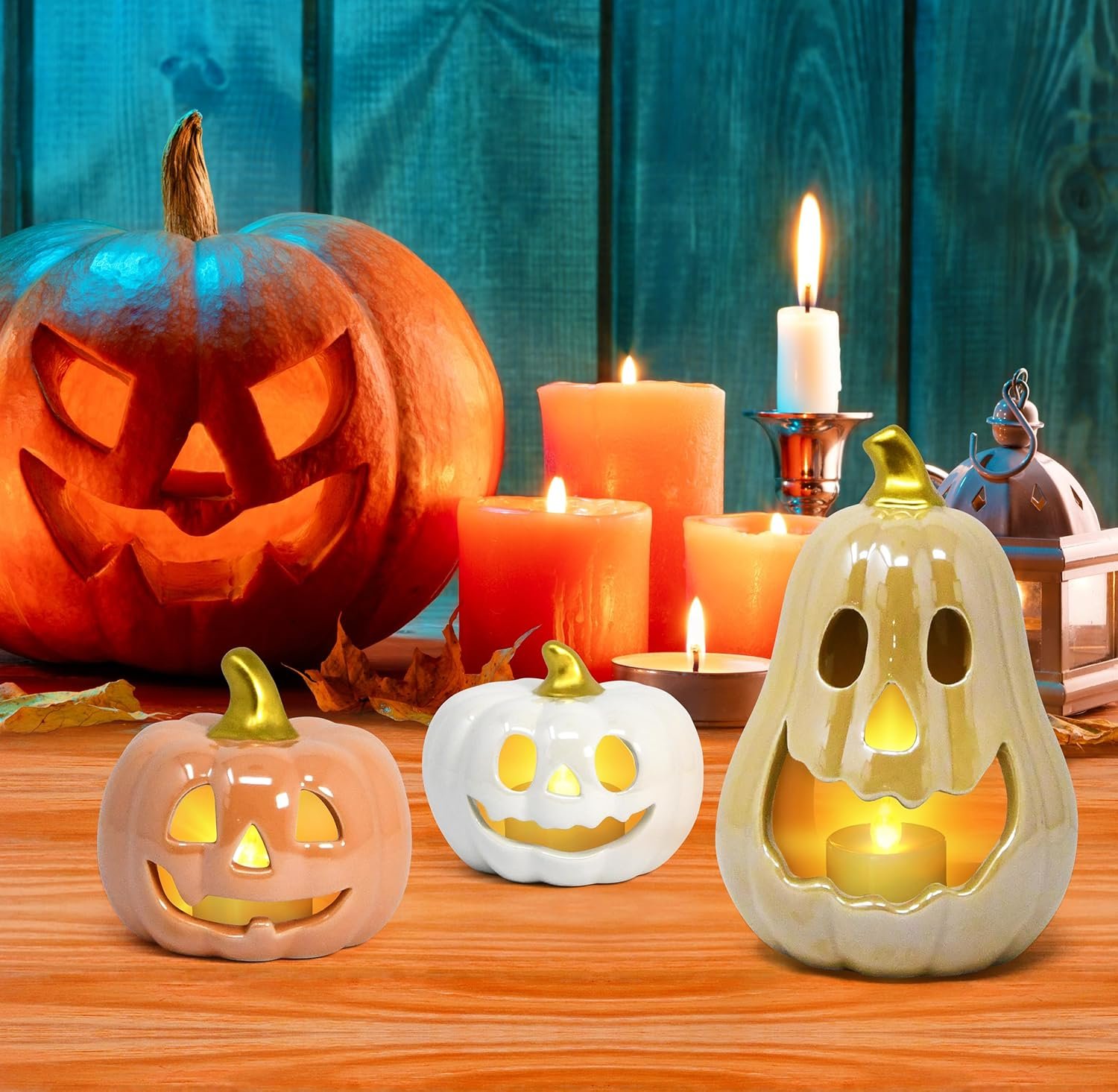 Halloween Ceramic Pumpkin Tea Light Holder Set of 3 Jack O Lanterns Pumpkins Spooky Sculptures Tabletop Decor for Home Holiday Party Decorations - Image 4