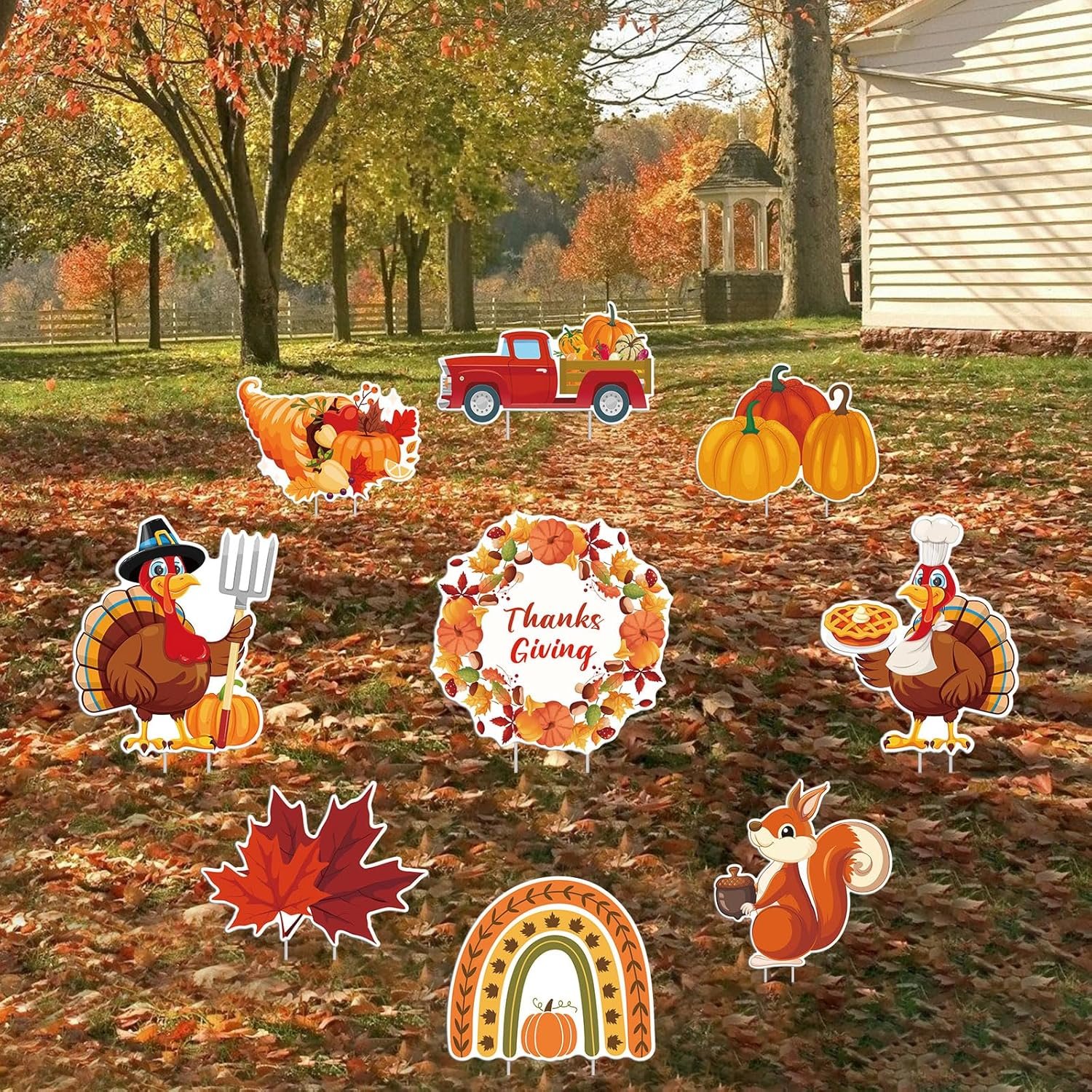 9 pcs Thanksgiving Yard Signs with Stakes, Maple Turkey Pumpkin Squirrel Lawn Signs Harvest Garden, Fall Autumn, Thanksgiving, Harvest Party Outdoor Decorations
