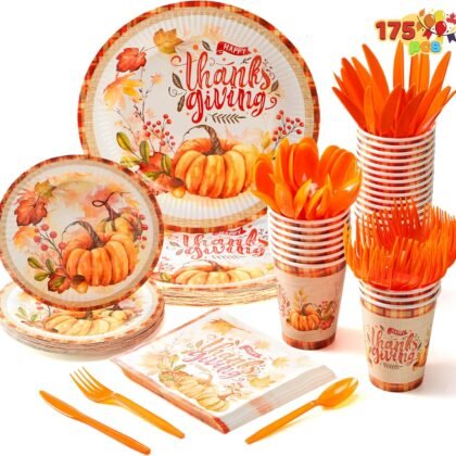 JOYIN 175 PCS Thanksgiving Disposable Paper Plates, Paper Gold Disposable Dinnerware Set, Thanksgiving Party Fall Harvest, Party Supplies, Plates and Napkins Sets (25 Guests)
