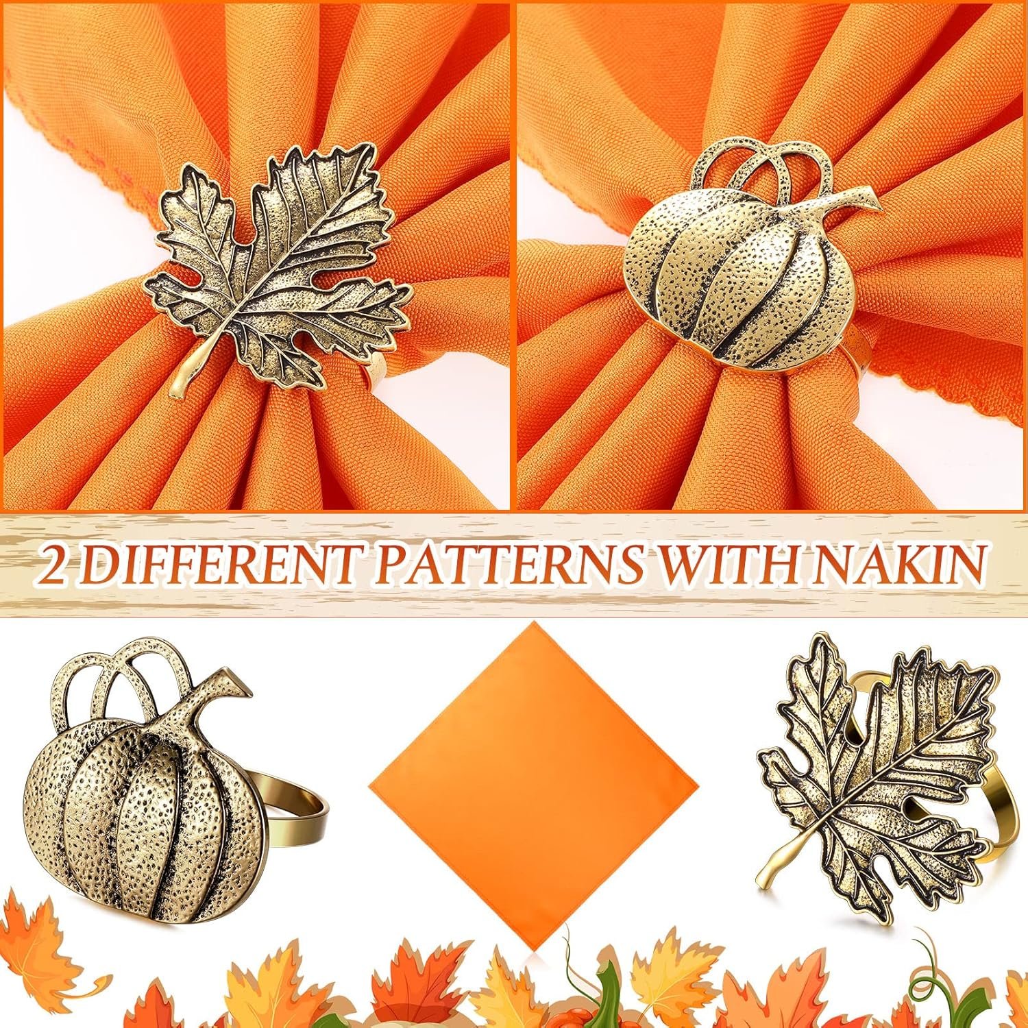 12 Pieces Thanksgiving Fall Napkin Rings Set, Include 6 Pieces Pumpkin Maple Leaf Napkin Rings with 6 Pieces Solid Color Dinner Napkins for Thanksgiving, Dinner Parties, Weddings (Retro) - Image 5