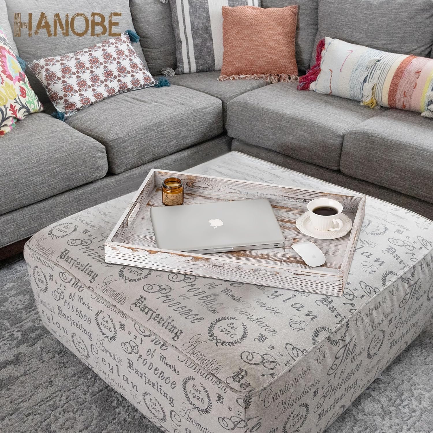 Hanobe Large Serving Ottoman Tray: 22'’ Extra Wood Serving Tray with Handles Rustic White Decorative Coffee Table Trays Farmhouse Home Decor for Living Room Kitchen Counter - Image 3