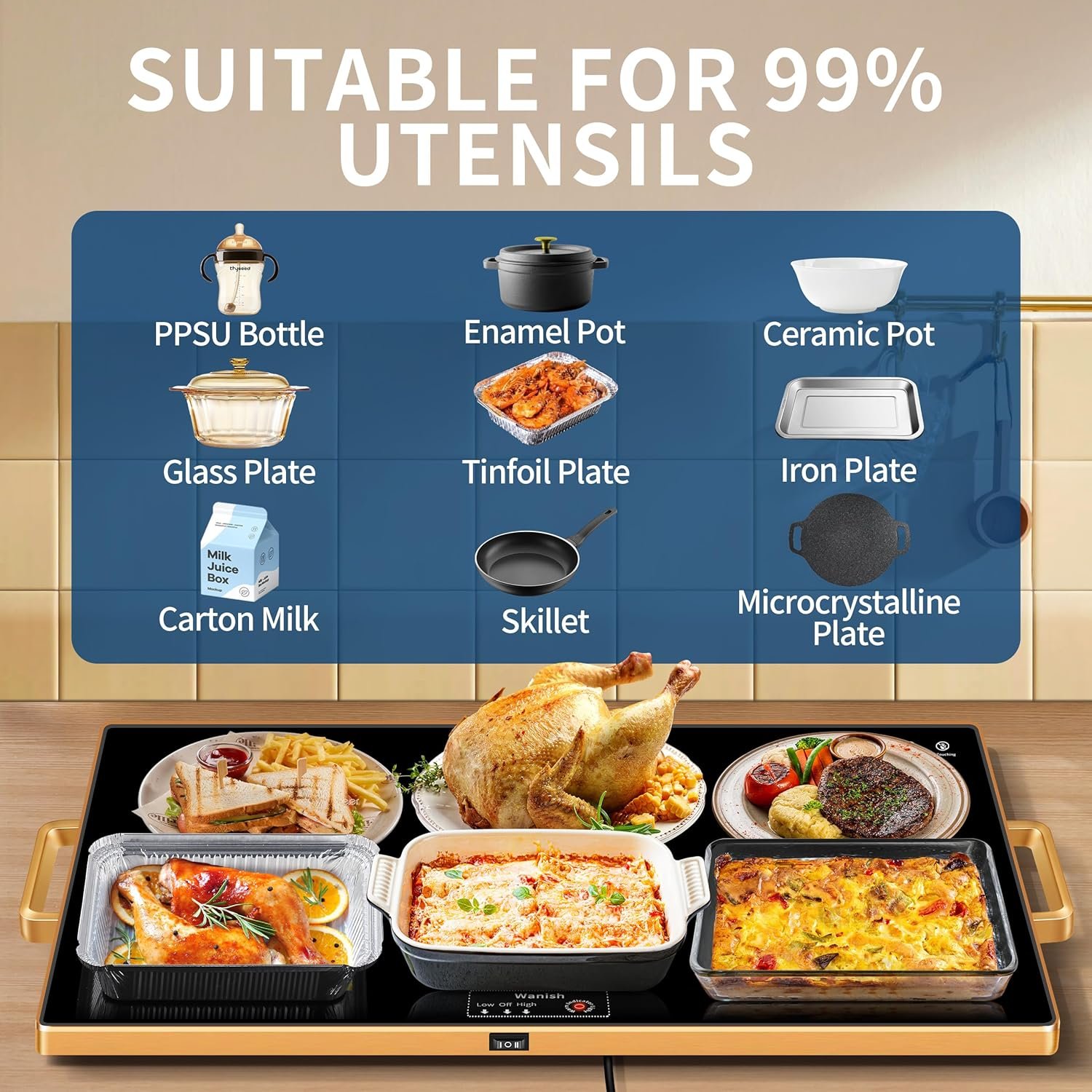 Electric Warming Tray (XXL 32”x18”),Food Warmers for Parties Buffet with Thermostat & Full Surface Heating, Tempered Glass Warming Mat for Food, Temperature Adjustable Gold Handles Food Warming Mat - Image 4