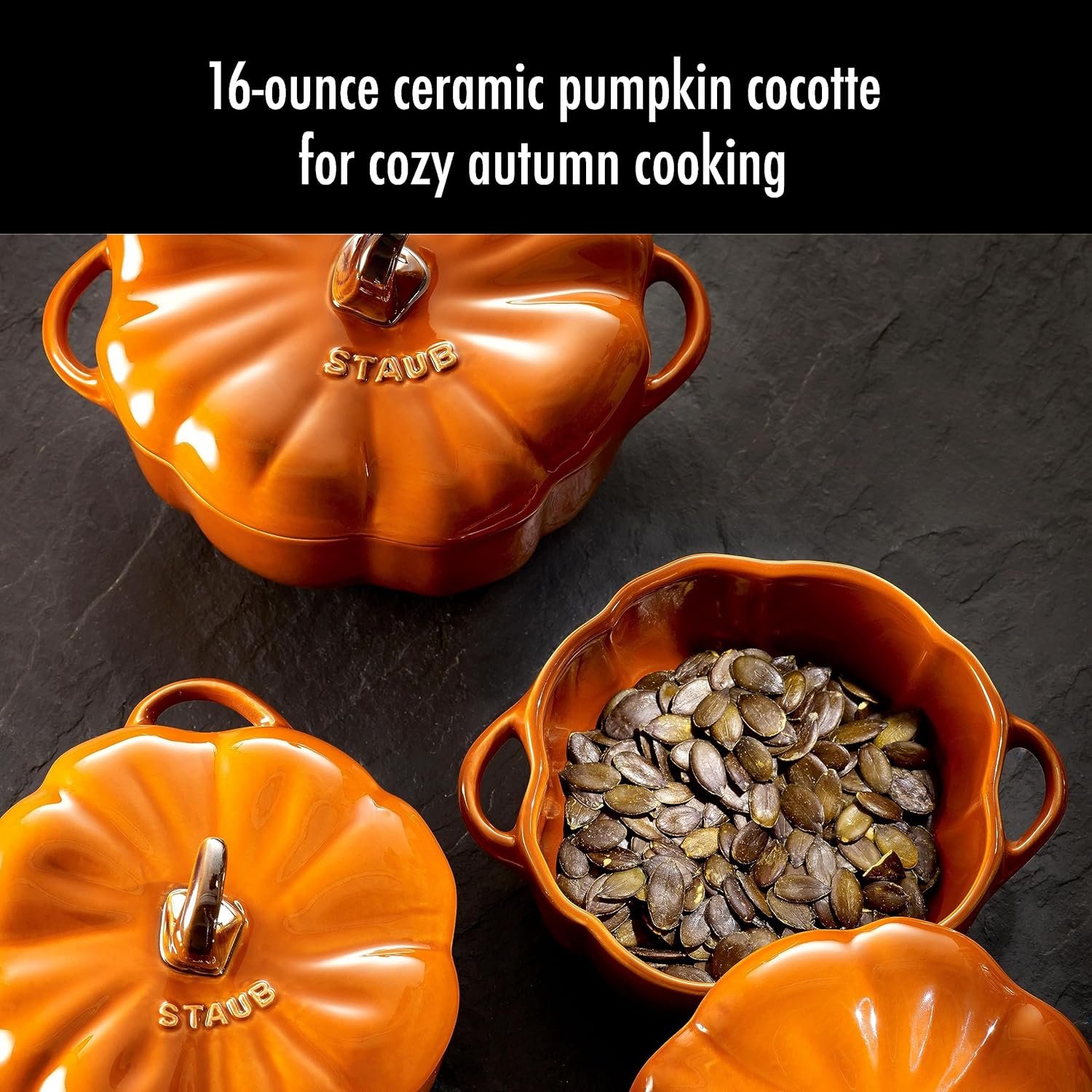STAUB 0.5-qt Petite Ceramic, Oven & Stove Safe up to 572°F, Pumpkin Dish, Baking , Candy Dish, Burnt Orange - Image 2