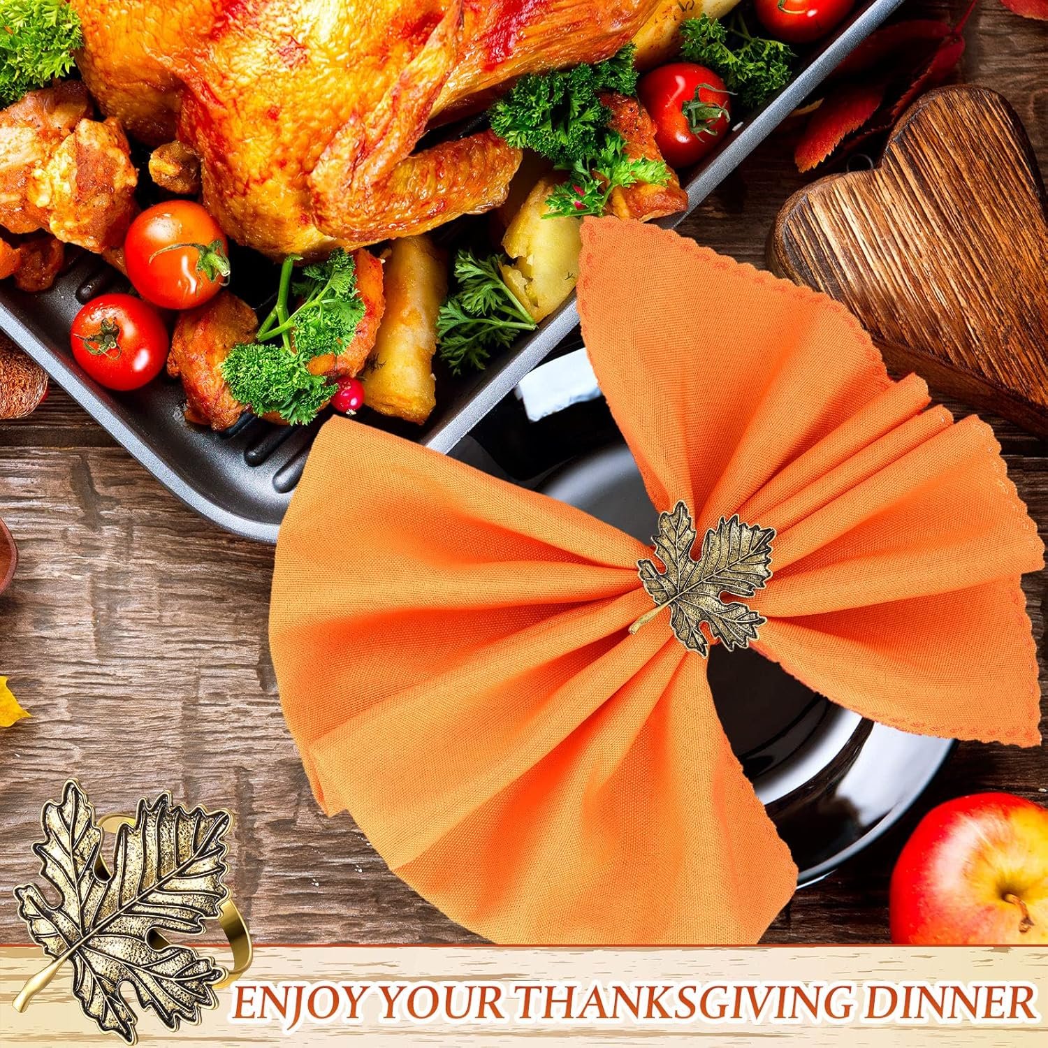 12 Pieces Thanksgiving Fall Napkin Rings Set, Include 6 Pieces Pumpkin Maple Leaf Napkin Rings with 6 Pieces Solid Color Dinner Napkins for Thanksgiving, Dinner Parties, Weddings (Retro) - Image 3