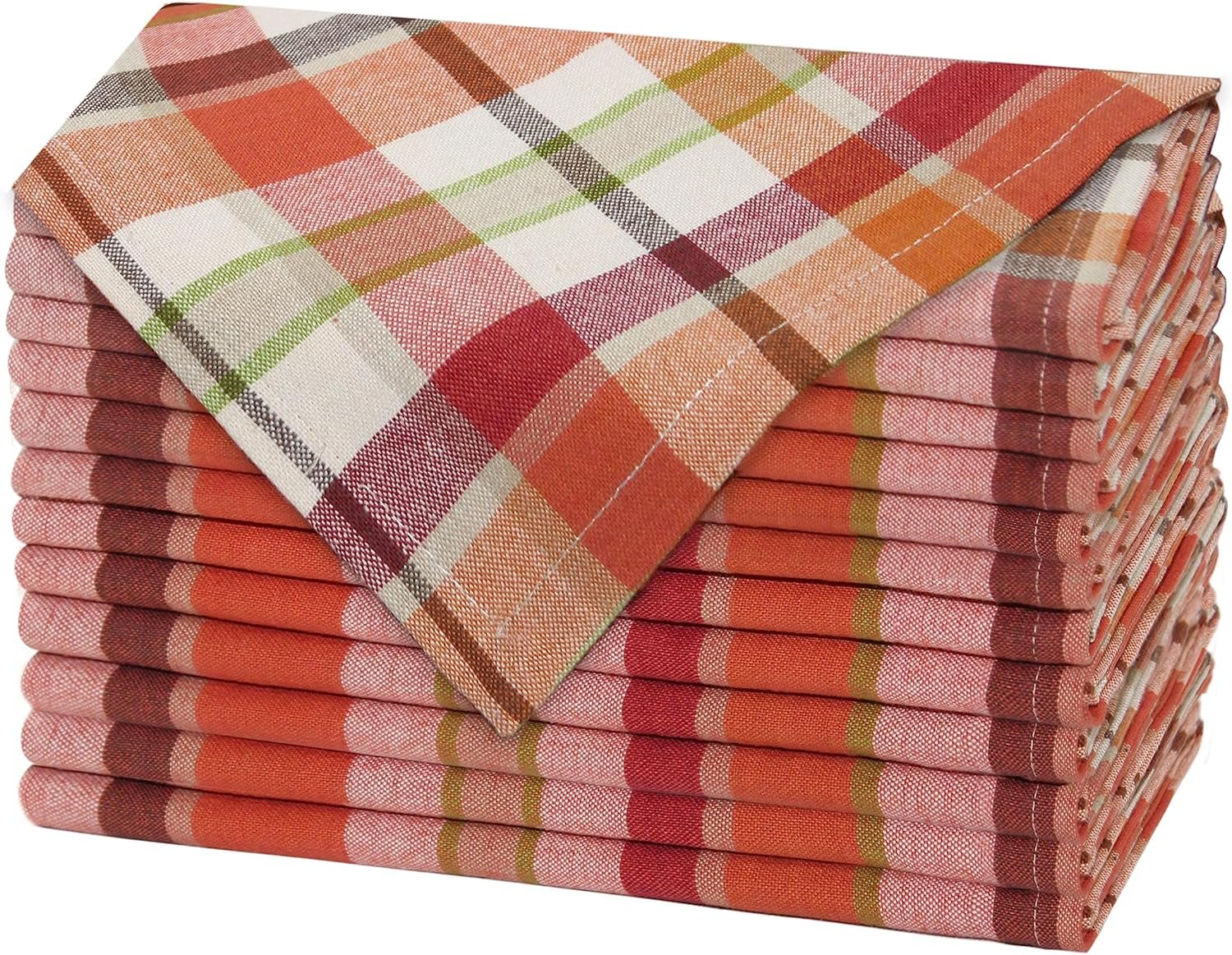 COTTON CRAFT Harvest Plaid Cloth Napkin - Set of 12 Pure Cotton Dinner Napkins - Everyday Fall Halloween Thanksgiving Holiday Party Table Napkin Gift - Reusable Napkin - 17x17 - Rust Orange Multi
