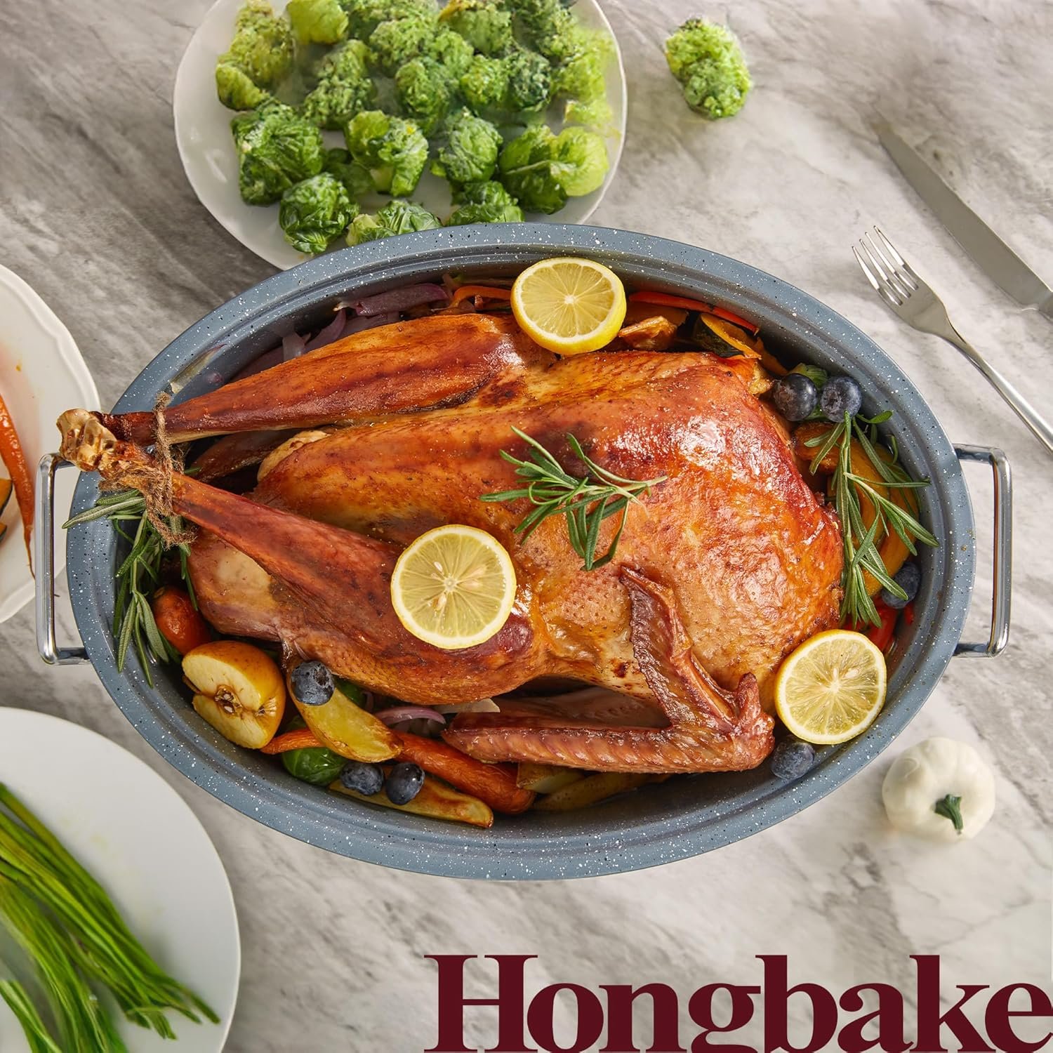 HONGBAKE 18 Inch Turkey Roasting Pan with Rack and Lid – Large Gray Carbon Steel Roaster Pan for 20 lb Turkey, Oven Safe Baking Pan for Holiday Meals & Thanksgiving - Image 7