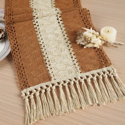 FEXIA Boho Table Runner for Home Decor with Tassels 72 Inches Long Farmhouse Rustic Caramel Table Runner Macrame Burlap Table Decoration for Living Room Bridal Shower (12x72 Inches)