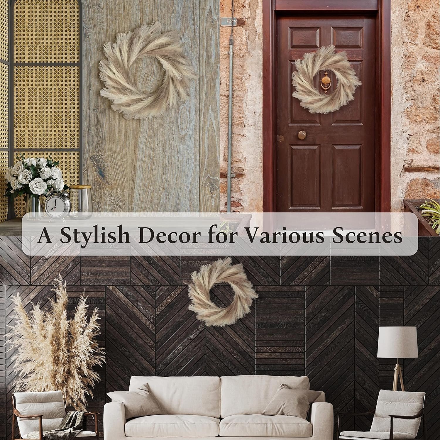 Perfnique Pampas Grass Wreath, 25'' Faux Pampas Wreath for Front Door, Artificial Pampas Wreath for All Seasons, Boho Wall Decor, Farmhouse Pampas Grass Garland, DIY Wreath Arrangement (Ivory&Taupe) - Image 3