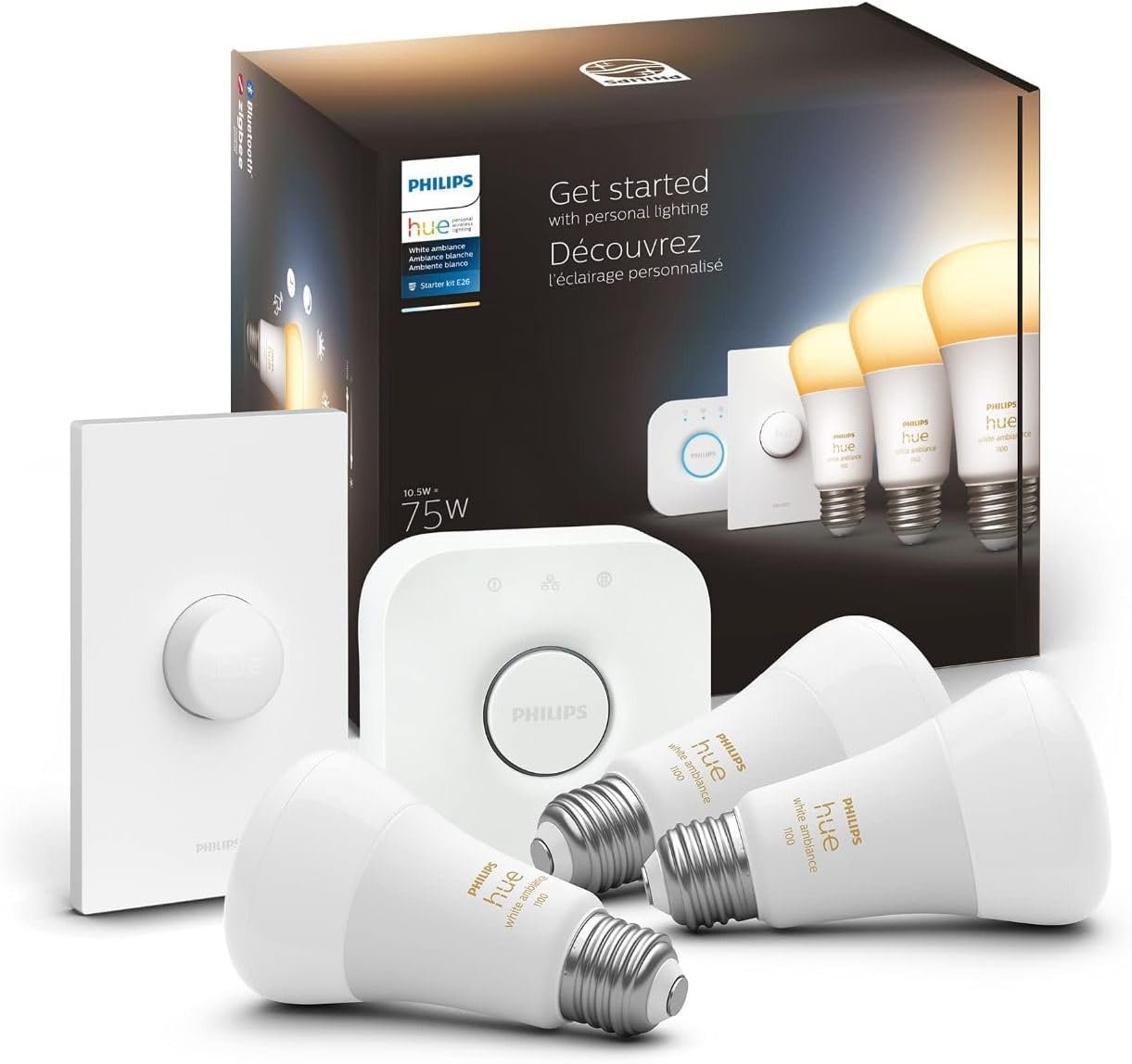 Philips Hue White Ambiance Base Lumen (60W) Smart Button Starter Kit, 16 Millions Colors, Works with Amazon Alexa, Google Assistant, Apple HomeKit 60 Watt (Old Version)