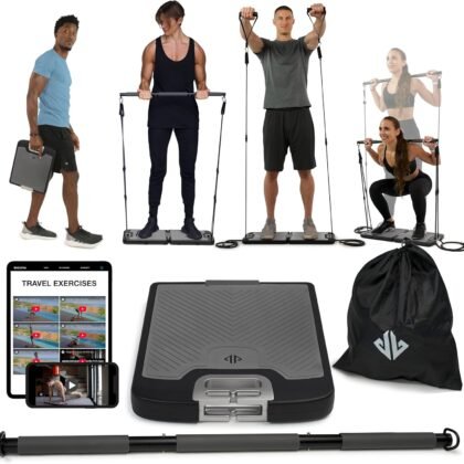 EVO Gym - Portable Home Gym Strength Training Equipment, at Home Gym | All in One Gym - Resistance Bands, Base Holds Gym Bar & Handles for Travel | Portable Gym & Home Exercise Equipment
