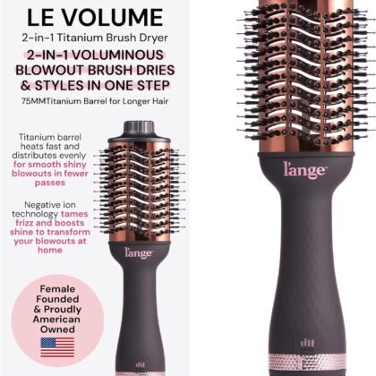L'ANGE HAIR Le Volume 2-in-1 Titanium Blow Dryer Brush | Hot Air Brush for Hair Drying & Styling | Ionic Oval Barrel for Smooth, Frizz-Free Volume | (Black – 75mm)