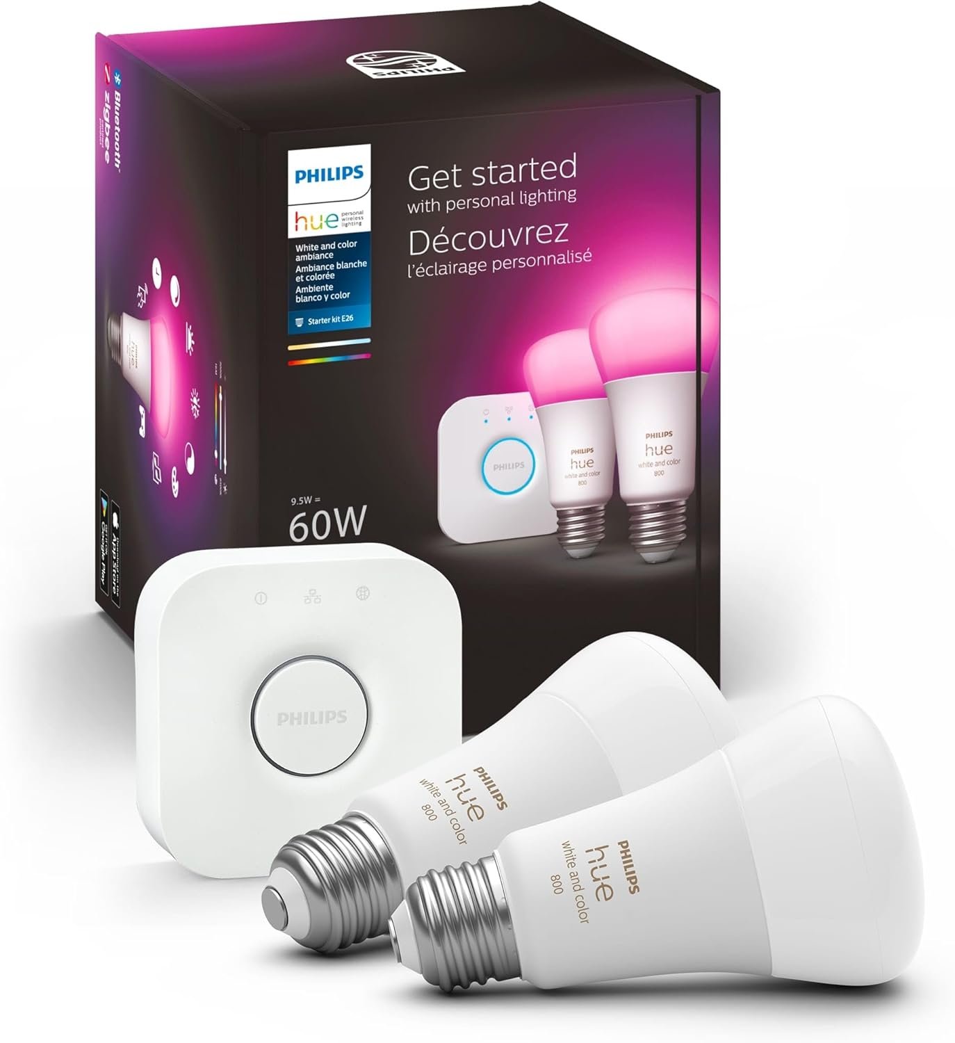 Philips Hue Smart Light Starter Kit - Includes (1) Bridge and (2) 60W A19 LED Bulb, 800LM, E26 & Smart 60W A19 LED Bulb - White and Color Ambiance Color-Changing Light - 1 Pack - 800LM - Image 2