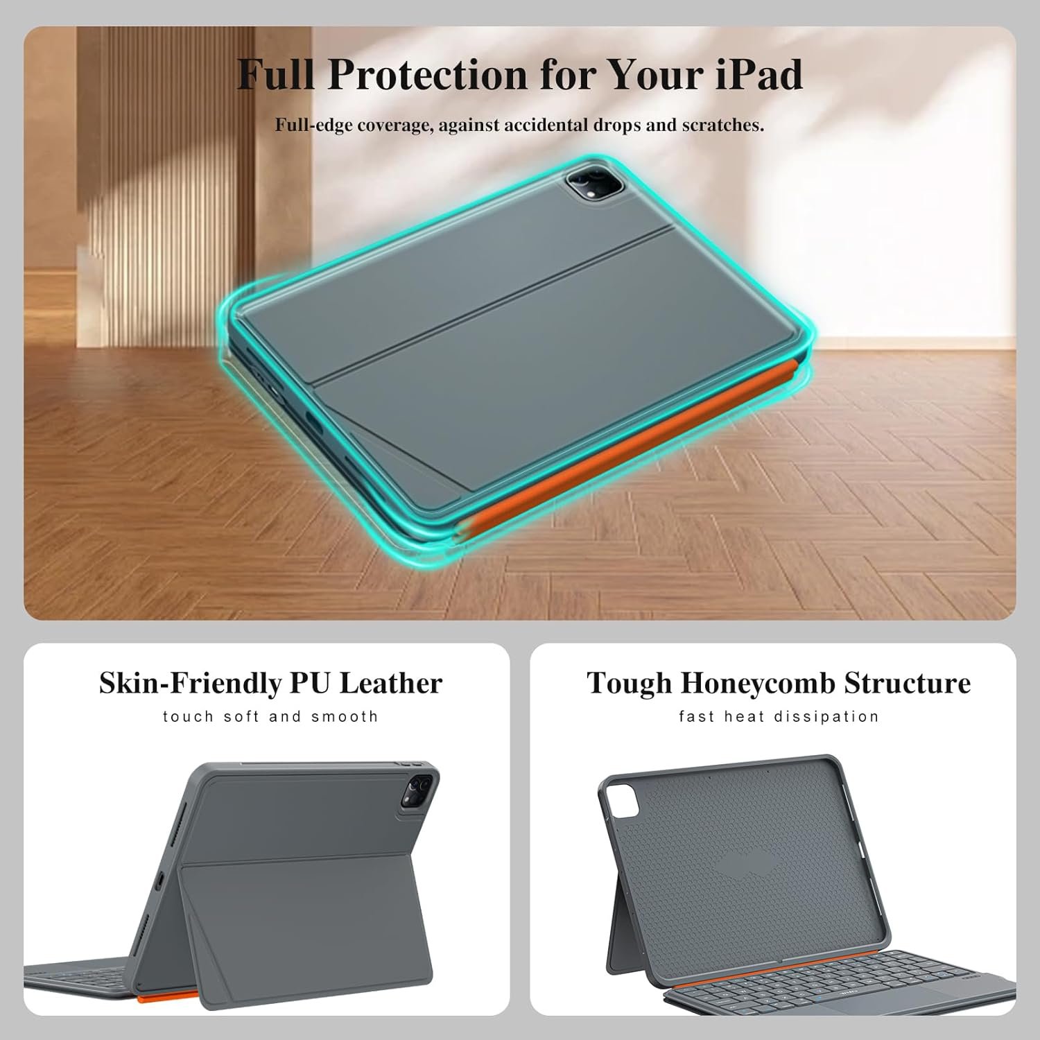 iPad Air 13 inch Case Keyboard (M3 M2, 2025 2024),Wireless iPad Keyboard for Pro 12.9 inch 6/5/4/3rd Gen,Magnetic Detachable with Trackpad,7-Color Backlit,Landscape/Portrait,Adjustable Stand (Gray) - Image 9