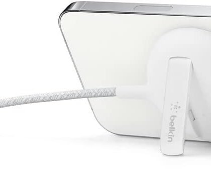Belkin Wireless Charger, Fast Charging Up to 15W w/Official Made-for-MagSafe Module and Pad Style, Metal Kickstand for iPhone 14, 14 Plus, 14 Pro, 14 Pro Max, 13, 12 and Other MagSafe iPhones - White
