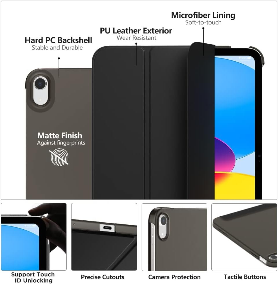 MoKo for iPad (A16) 11th Generation Case 11 Inch 2025, iPad 10th Generation Case 10.9 Inch 2022, Slim Stand Hard PC Translucent Back Shell Smart Cover, Support Touch ID, Auto Wake/Sleep, Black - Image 3