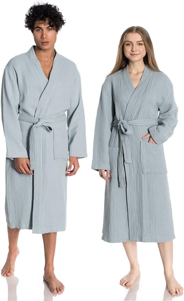 Muslin Unisex Bathrobe Women & Men, 100% Cotton Kimono Lightweight Robe | Long Robes Soft, Absorbent, Spa robes