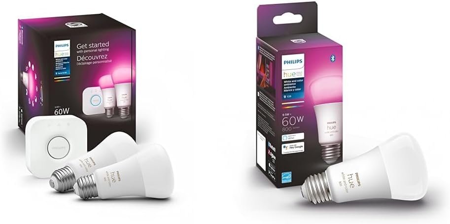 Philips Hue Smart Light Starter Kit - Includes (1) Bridge and (2) 60W A19 LED Bulb, 800LM, E26 & Smart 60W A19 LED Bulb - White and Color Ambiance Color-Changing Light - 1 Pack - 800LM