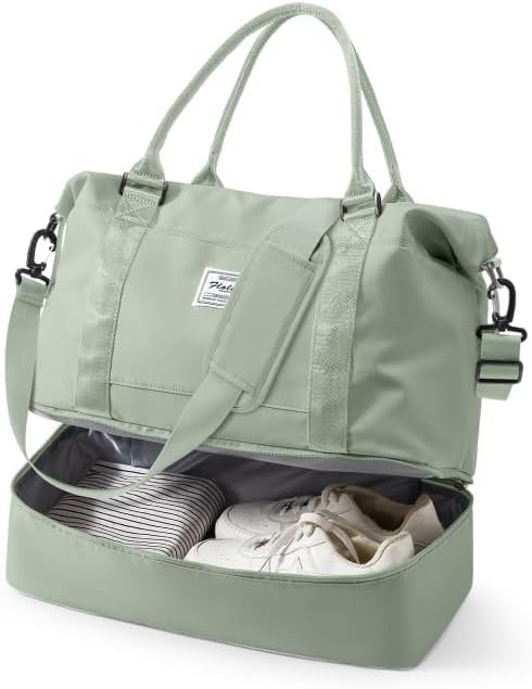Spirit Travel Duffel - 18x14x8 Inches Weekender Overnight Bag with Shoes Compartment, Trolley Sleeve, Carry On for Airplanes, Sport Tote Gym Bag in BeigeGreen