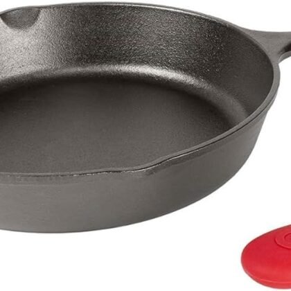 Lodge Cast Iron Skillet with Red Silicone Hot Handle Holder, 10.25-inch