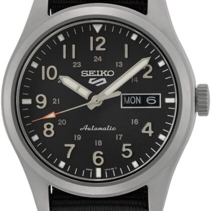 SEIKO SRPG37 Watch for Men - 5 Sports - Automatic with Manual Winding Movement, Black Dial, Stainless Steel Case, Black Nylon Strap, 100m Water Resistant, and Day/Date Display