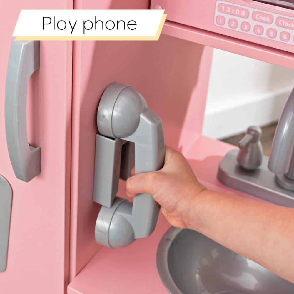 KidKraft Vintage Wooden Play Kitchen with Pretend Ice Maker and Play Phone, Pink - Image 8