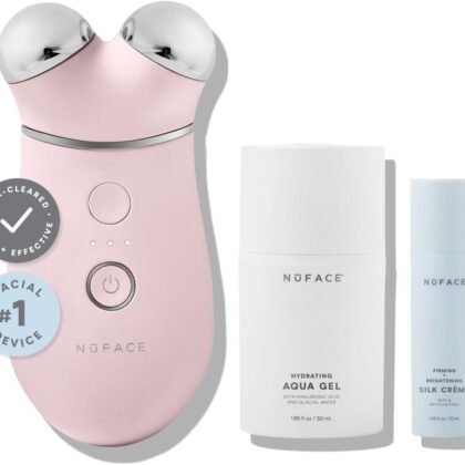 NuFACE Trinity+ Microcurrent Facial Device Kit - FDA Cleared Face Sculpting & Neck Tightening Device to Contour Cheeks & Brows + Microcurrent Gel Activator & Silk Creme - Sandy Rose