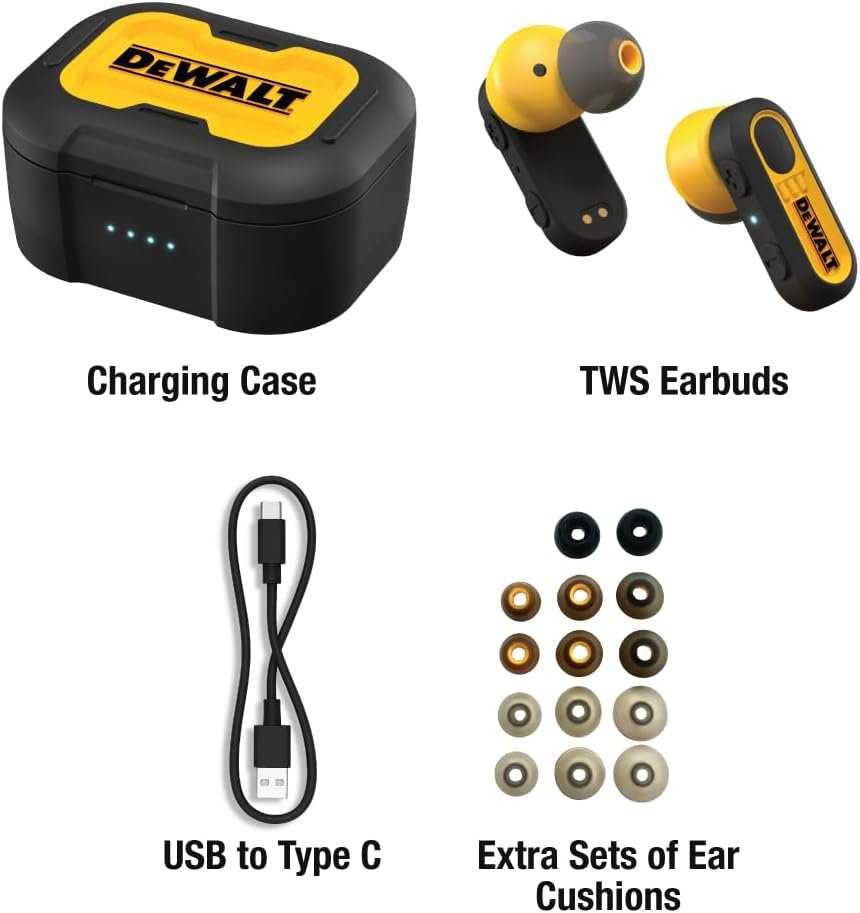 DEWALT Heavy Duty True Wireless Ear Buds, Bluetooth Headphones with Type C Charging Case Included, Over 37 Hours of Battery Life, Easy Setup for iPhone, Perfect for Jobsite, Outdoor Work, Yellow - Image 5