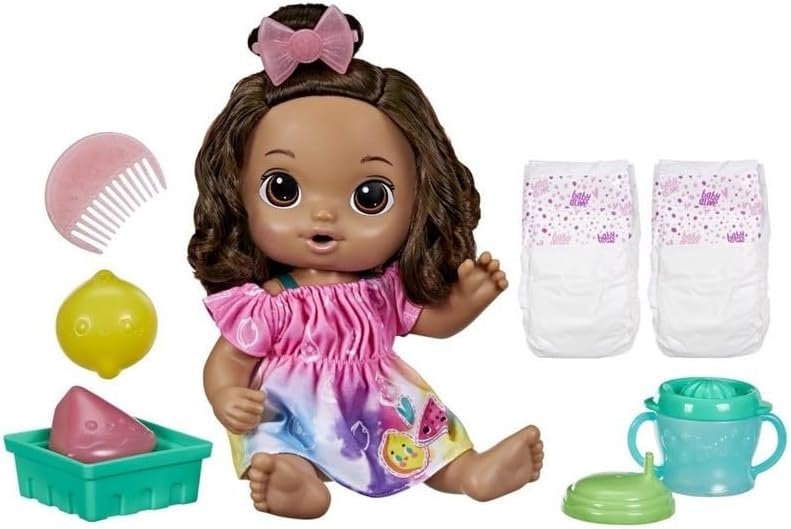 Baby Alive Fruity Sips Doll, Lemon, Toys for 3 Year Old Girls, 12-inch Baby Doll Set, Drinks & Wets, Pretend Juicer, Kids 3 and Up, Brown Hair