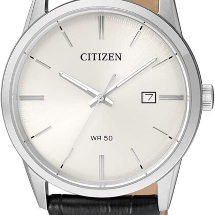 Citizen Quartz Mens Watch, Stainless Steel with Leather Strap, Casual