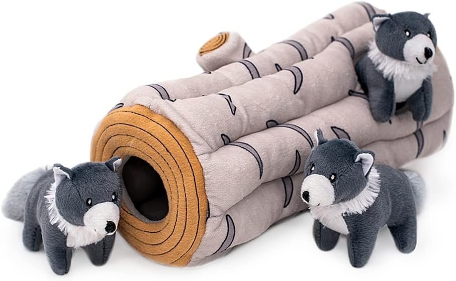 ZippyPaws Burrow- Interactive Dog & Puppy Toys for Boredom, Stimulating Pet Products to Keep Them Busy, Hide & Seek Plush Dog Puzzle, Enrichment Squeaky Toy, for Small & Medium Dogs- Arctic Wolf Log - Image 3
