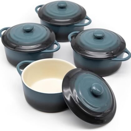 Kook Ceramic Mini Cocotte Set, Small Casserole Dishes with Lids and Handles, Individual Baking Ramekins, Oven, Microwave & Dishwasher Safe, Stoneware, 12 oz, Set of 4 (Stone Ombre)