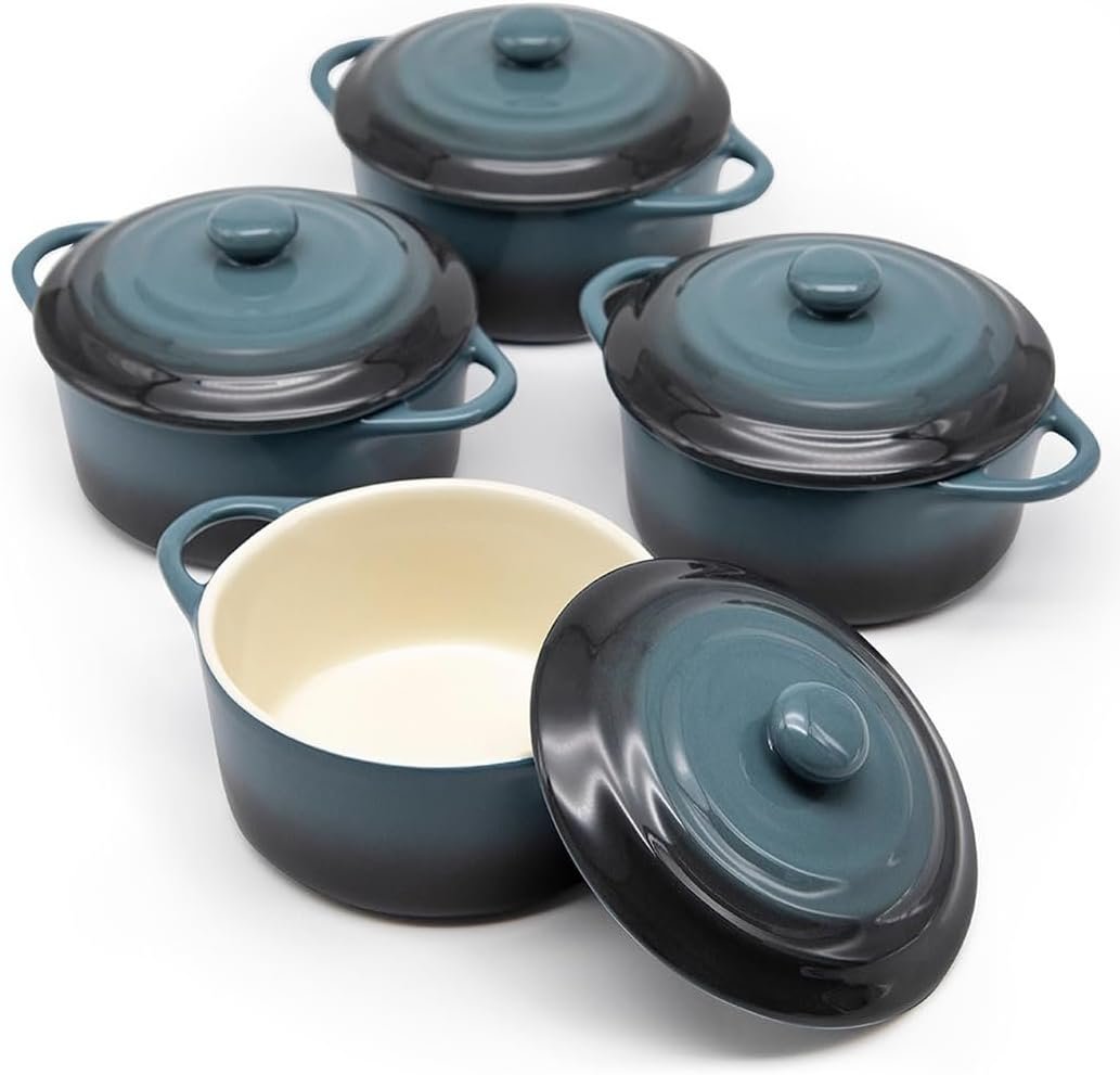 Kook Ceramic Mini Cocotte Set, Small Casserole Dishes with Lids and Handles, Individual Baking Ramekins, Oven, Microwave & Dishwasher Safe, Stoneware, 12 oz, Set of 4 (Stone Ombre)