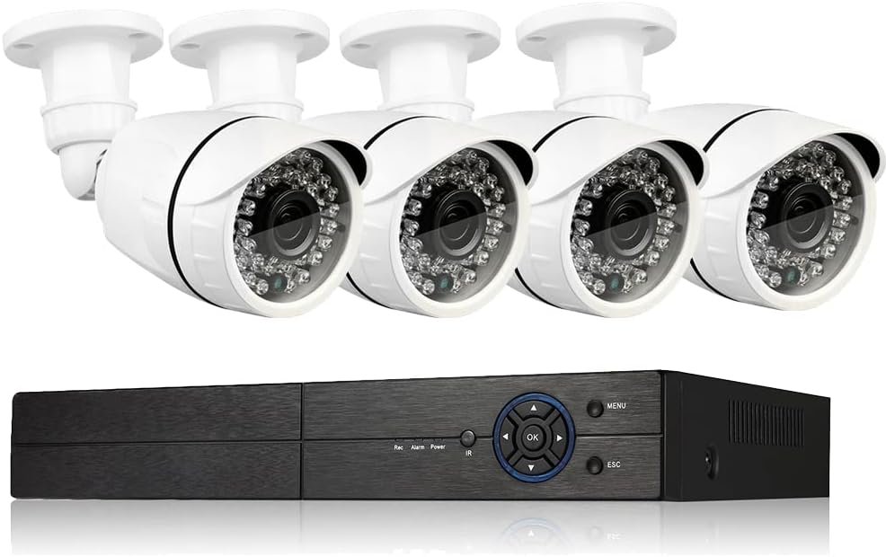 Eversecu 4Ch Home Security Camera System, 1080P DVR & 4pcs HD Weatherproof Cameras, Night Vision, Motion Alert, Remote Access, Power adapters & Premade Cables Included, No Hard Driver
