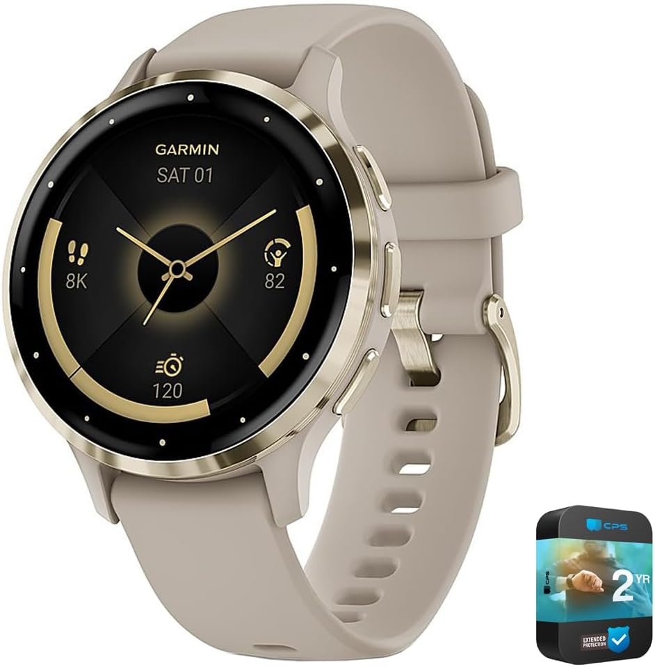 Garmin Venu 3S Health Fitness GPS Smartwatch Gold Steel Bezel w/French Gray Case 41mm | Official USA Partner Model | Bundle 010-02785-02 with 2 YR CPS Enhanced Protection Pack