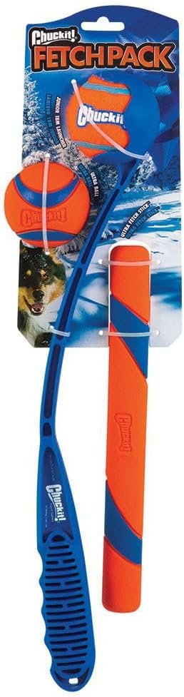 Chuckit! Fetch Pack - Dog Toys Indestructible Launcher, 18M, Tennis Ball & Ultra Rubber Ball Fetch Stick, Orange and Blue