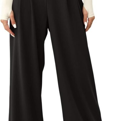 EVALESS Women's Wide Leg Pants Elastic High Waisted Waffle Knit Casual Palazzo Pants Trousers with Pockets