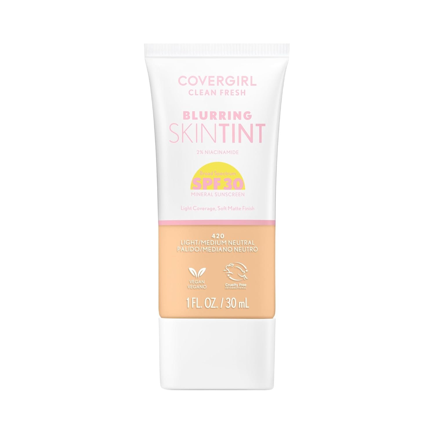 COVERGIRL Clean Fresh Blurring Skin Tint with SPF 30, 420 Light/Medium Neutral, Liquid Foundation, Soft Matte Finish, Smooths, Brightens, Blurs Pores, Mineral Sunscreen, Vegan Formula