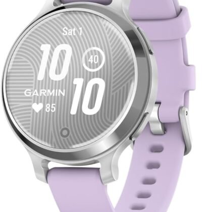Garmin Lily® 2 Active, Small and Stylish Smartwatch, Built-in GPS, Hidden Display, Patterned Lens, Up to 9 Days Battery Life, Silver with Purple Jasmine Silicone Band