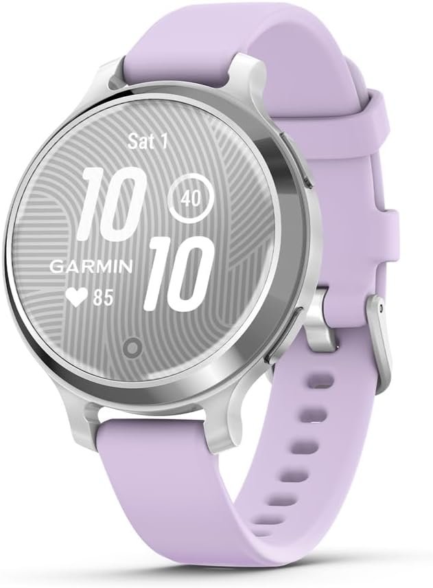 Garmin Lily® 2 Active, Small and Stylish Smartwatch, Built-in GPS, Hidden Display, Patterned Lens, Up to 9 Days Battery Life, Silver with Purple Jasmine Silicone Band