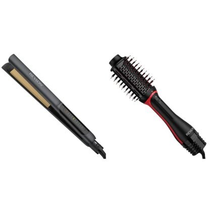 Revlon Smooth Brilliance Ceramic Hair Flat Iron | Smooth Glide and Ultra-Sleek Sylas, (1 in) & One Step Volumizer Plus 2.0 Hair Dryer and Hot Air Brush | Dry and Style (Black)