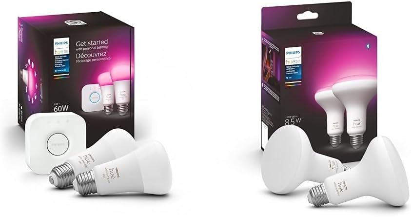 Philips Hue White and Color Ambiance Smart Light Starter Kit, Includes (2) 60W A19 Smart Bulbs with Hue Bridge & White & Color Ambiance BR30 LED Smart Bulbs, 16 Million Colors (Hue Hub Required) 2