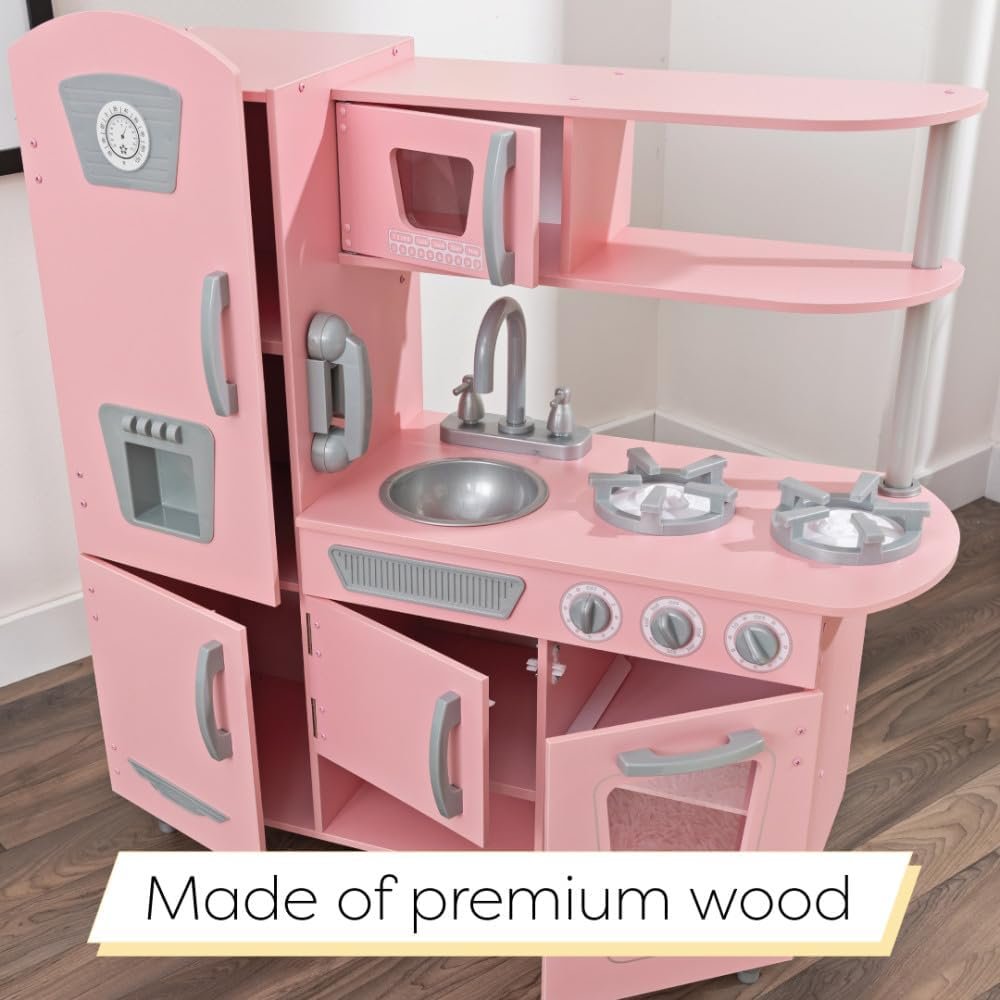 KidKraft Vintage Wooden Play Kitchen with Pretend Ice Maker and Play Phone, Pink - Image 5