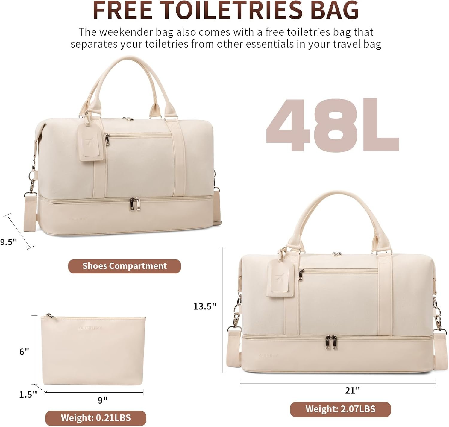 Oeihuivt Weekender Bags for Women - 21 Inch Large Travel Duffel Bag 2-Piece Set with Shoe Compartment, Heavy-Duty Canvas Leather Carry On Overnight Tote - Image 5